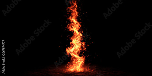 Vivid ignition fire column isolated on plane background