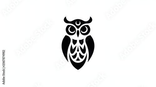 Stylized Black Owl Silhouette on White Background, Minimalist Graphic Design