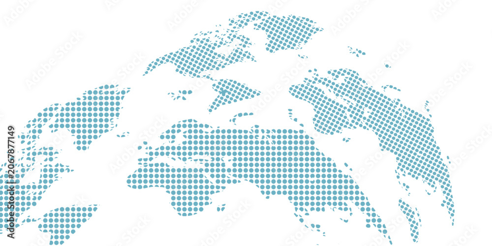 Fototapeta premium World map with blue and green gradient halftone dots. A global world map created from a blue and green gradient halftone dot pattern, forming a clean and modern geographic silhouette.