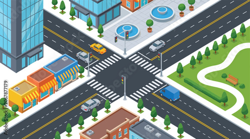 Isometric City Crossroad Vector Illustration with Urban Traffic Cars Buildings Traffic Lights Crosswalks Fountains and Park Infrastructure Elements