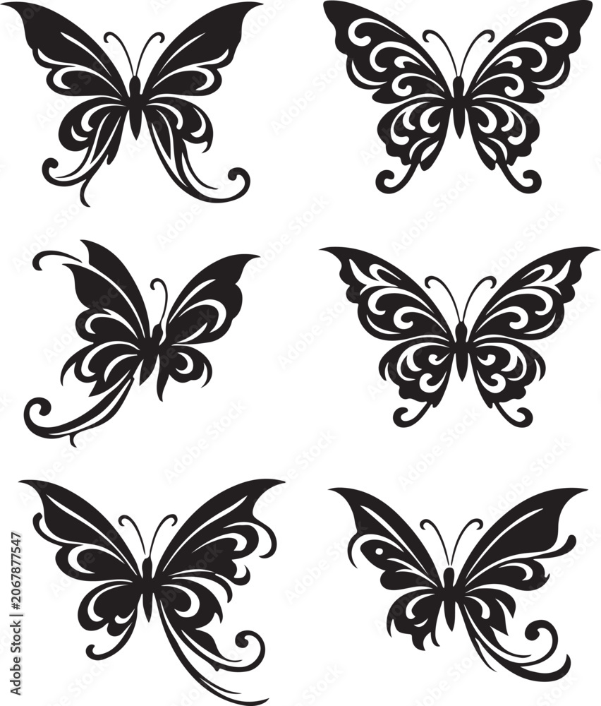 Obraz premium Decorative butterfly vector silhouette set isolated on white background, tribal butterfly tattoo design elements, ornament pack