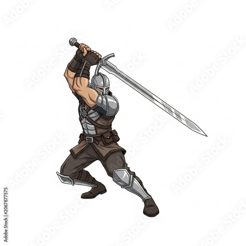 Medieval knight warrior in full armor holding a giant sword overhead vector illustration