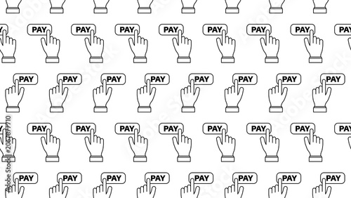 Seamless pattern featuring stroke outline icons of a business hand clicking a PAY button on a transparent background for financial, payment, and business concepts.