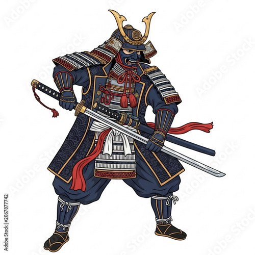 Japanese samurai fighter in ornate blue and black traditional armor holding sword