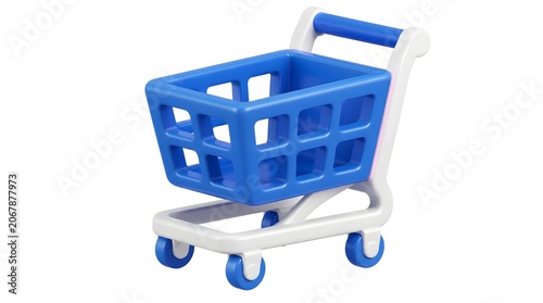 Blue and white 3D rendered shopping cart icon on a clean white background, representing online retail, e-commerce, consumerism, and digital marketplace purchasing.