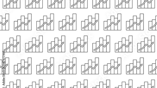 Seamless vector pattern featuring minimalist outline icons of rising bar charts merged with upward zig-zag arrows on a transparent background for finance, stock market, business, or investment themes.