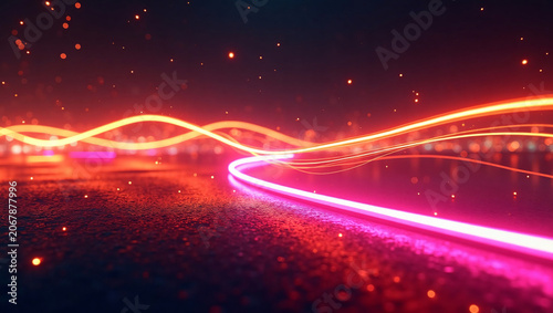 Warm orange & pink wavy neon light trails on textured dark ground with glowing bokeh sparks