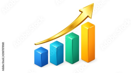 Business growth, financial success, and market trends illustrated by a vibrant 3D bar chart with a golden upward arrow on a clean white background.
