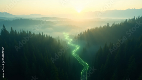 Golden sunrise foggy mountain valley, glowing neon green winding river amid pine woods
