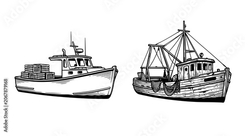 Two Fishing Boats, Lobster and Trawler, Illustration