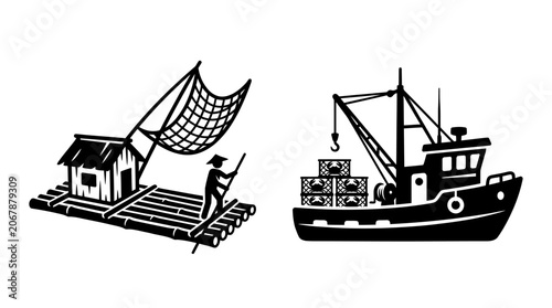 Photos Traditional Bamboo Raft vs Modern Fishing Trawler