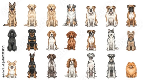 A diverse array of dogs is displayed, each seated and facing forward.