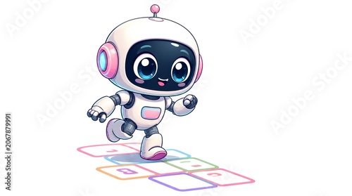 Cute cartoon robot character playing hopscotch, stepping on colorful numbered squares, representing artificial intelligence, technology, learning, and playful childhood education.