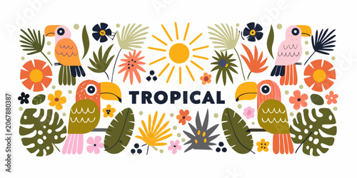 Schilderij op canvas Tropical Floral Ornament With Toucans And Sunburst Vector Illustration
