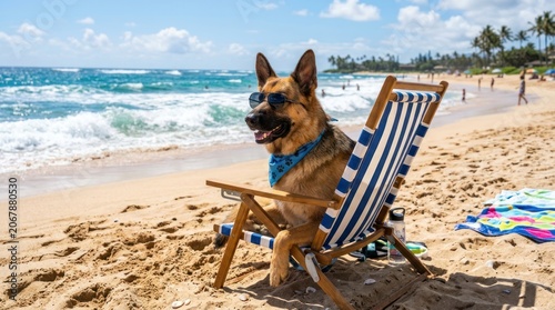 A German Shepherd dog sits on a striped beach chair, wearing a blue bandana.