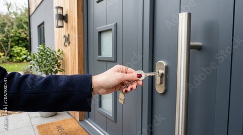 A hand holding a key, poised to unlock a modern grey door. The image captures a moment of anticipation and readiness, possibly for a new beginning or a home entry.