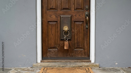 A wooden door with a brass knocker and a brown tag hanging from it.