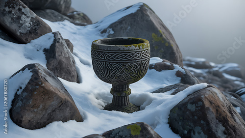 Intricately designed metal goblet on snowy rocks, rocky outdo ornate cup, winter scene