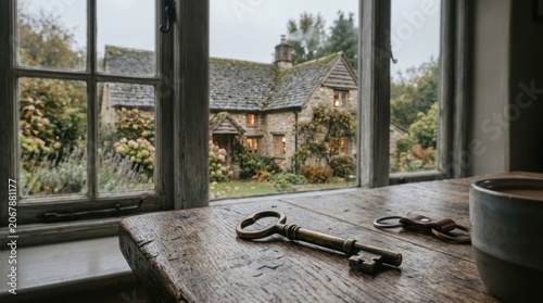 A rustic wooden table by a window, showcasing an old key and a ceramic mug.