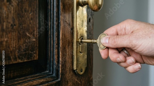 A hand is seen holding a golden key, inserting it into a wooden door's lock. The action of unlocking is visibly apparent, with a rustic wooden door and a brass handle as the background elements.