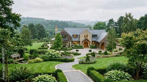 A grand, stone house nestled within a lush, green landscape. The scene is serene, with a winding stone path leading to the entrance, framed by verdant trees and rolling hills under an overcast sky.