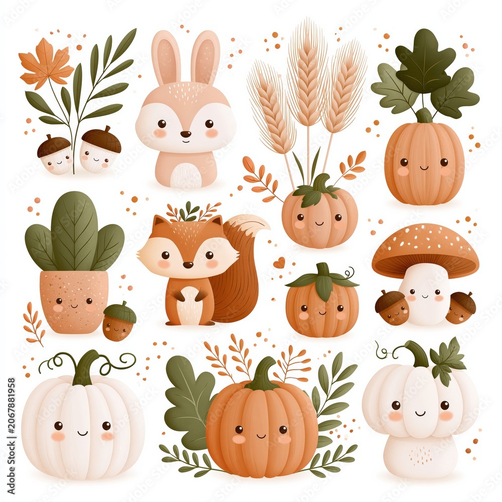 Fototapeta premium Adorable Autumn Characters and Seasonal Elements with Cute Fall Animals and Pumpkins