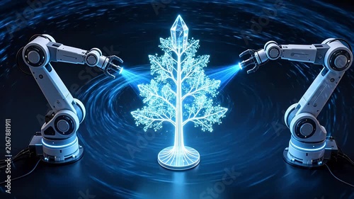 Glowing transparent tree with blue rings between two white robotic arms