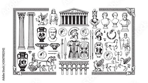 Photos Set of Ancient Greek and Roman Icons and Illustrations