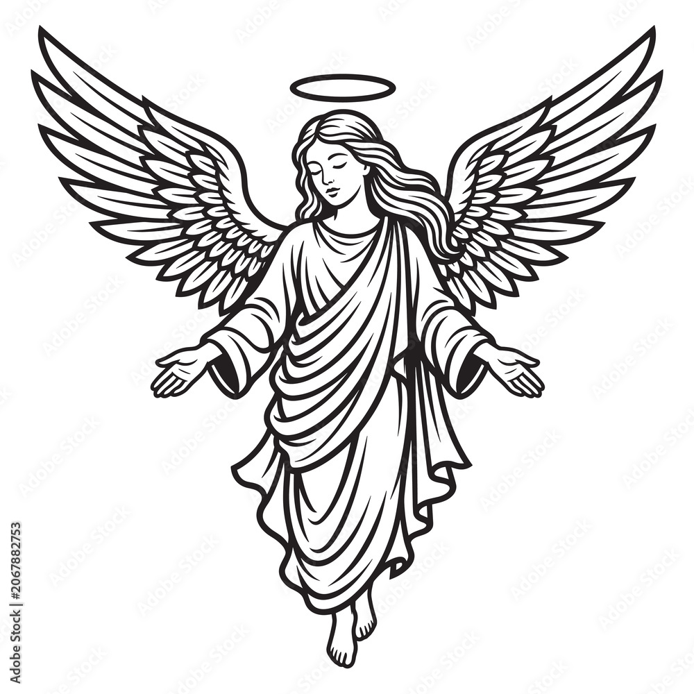 Fototapeta premium Elegant Guardian Angel Line Art Illustration - Divine Celestial Being with Large Wings and Halo, Black and White Vector Graphic for Religious Tattoos, Spiritual Decor, and Christian Art Projects