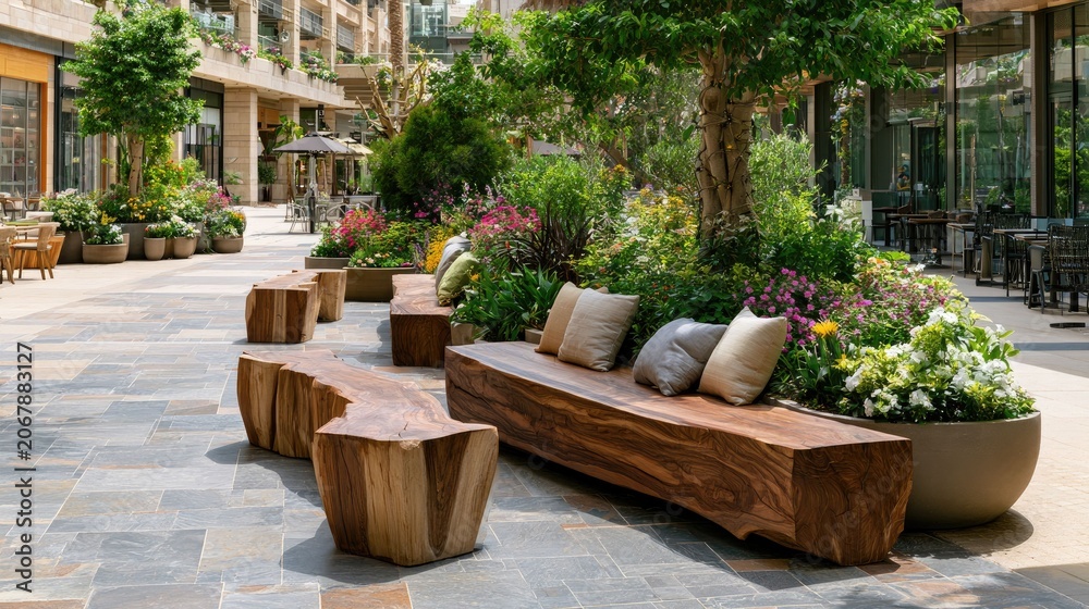 Fototapeta premium Modern outdoor landscaped courtyard with wooden seating and lush plants in an urban setting
