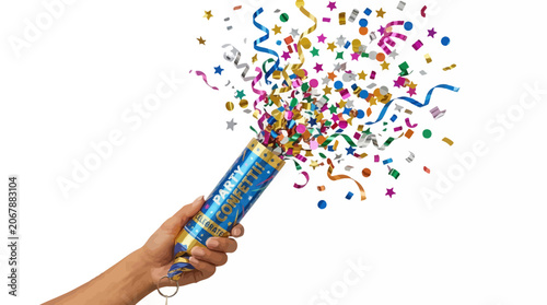 Fotografie Party popper, colorful confetti, celebration, festive decoration, hand holding b