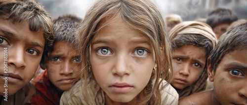 Poverty-stricken Children's Eyes: A poignant close-up captures the soulful gaze of children facing hardship, their eyes reflecting a world of struggle and resilience amidst poverty.