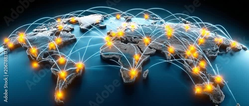 Global Connectivity: A stylized digital representation of the Earth, adorned with interconnected luminous nodes, symbolizes worldwide networks, communication, and international trade.