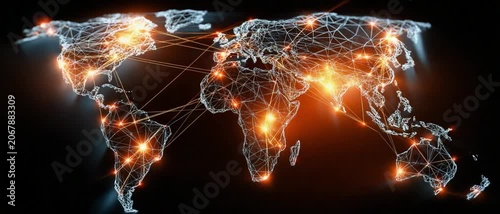 Global Network Connectivity: A luminous digital representation of the Earth, showcasing interconnected nodes and glowing hotspots that symbolize global communication networks and data flow.
