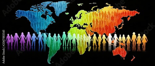 Global Unity in Vibrant Hues: A striking illustration depicts the continents of the world rendered in a rainbow of colors, with silhouetted figures holding hands in a united circle around the globe.