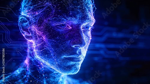 Digital human face outline with blue neural network lines on dark background