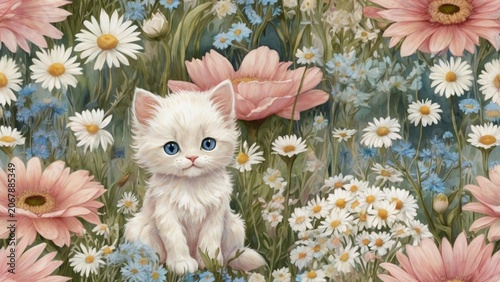 An irresistibly cute fluffy cream kitten with enormous sparkling sapphire-blue eyes, sitting among a lush field of blooming white daisies and delicate wildflowers ai