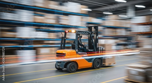 A dynamic long exposure shot captures a forklift moving quickly through a busy warehouse, creating vibrant light trails and motion blur, modern, dynamic, inventory