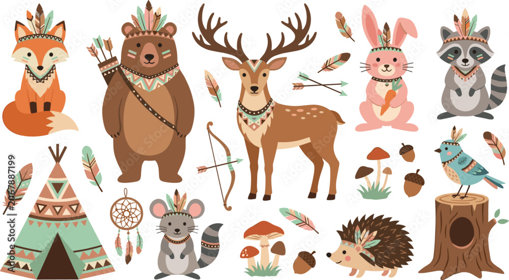 Fototapeta premium Cute Tribal Woodland Animal Set with Fox Bear Deer Bunny Raccoon Hedgehog Teepee and Dream Catcher Vector Illustration