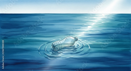 Plastic water bottle floating in deep blue ocean water at sunny day