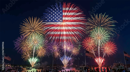 Patriotic fourth of july fireworks display over water with american flag