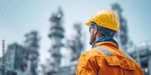 Close-up of worker in orange uniform holding yellow hard hat and safety goggles at oil refinery. Concept of industrial safety, chemical engineering, manufacturing worker, and career in energy sector.