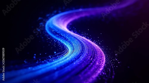 Abstract blue purple curved light bands with glowing points in dark background