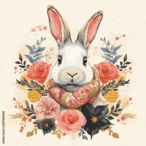 whimsical white rabbit portrait wearing embroidered floral scarf and bohemian shawl ai