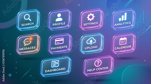 Set of 3D glassmorphism icons with neon glowing outlines for modern technology dashboard and futuristic user interface design