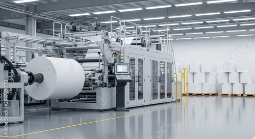 High speed automated equipment manufacturing massive white jumbo paper tissue rolls inside a clean modern industrial factory environment, assembly, manufacturing, cylindrical