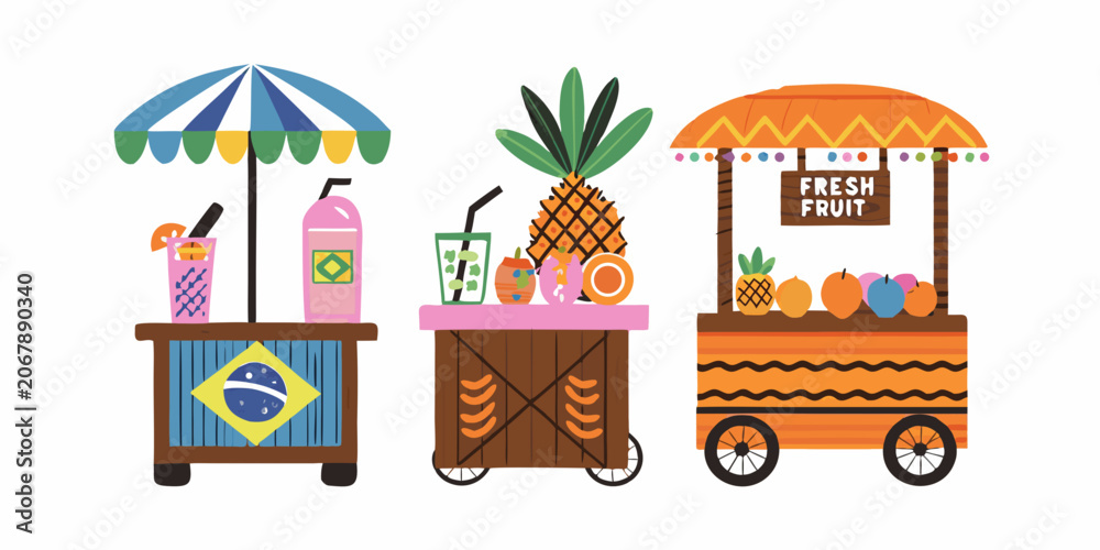 Obraz premium Food Carts With Tropical Fruits And Beverages Vector Illustration