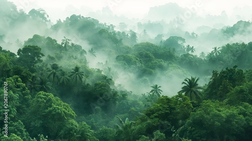 Misty tropical rainforest canopy with morning fog layers environmental conservation concept