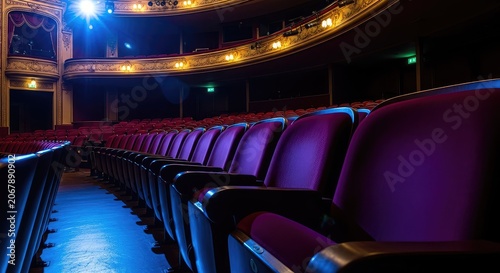 Soft blue and golden lights bathe the rows of an empty theater, highlighting the velvet texture of seats in a quiet, cinematic atmosphere, architecture, venue, luxury