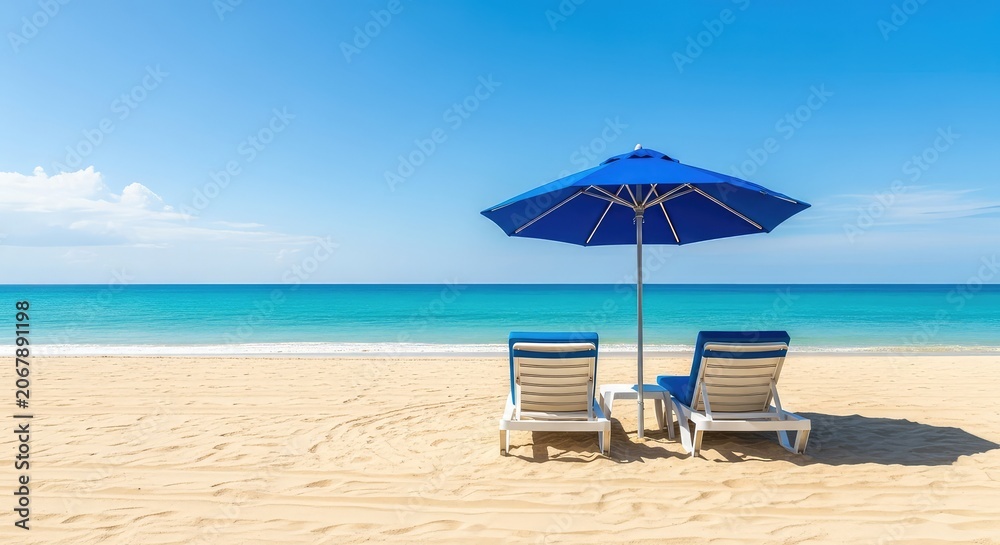 Fototapeta premium Two empty white sunbeds and a matching blue umbrella stand on a clean sandy beach next to the calm turquoise ocean under a bright sunny sky, summer, relaxation, white